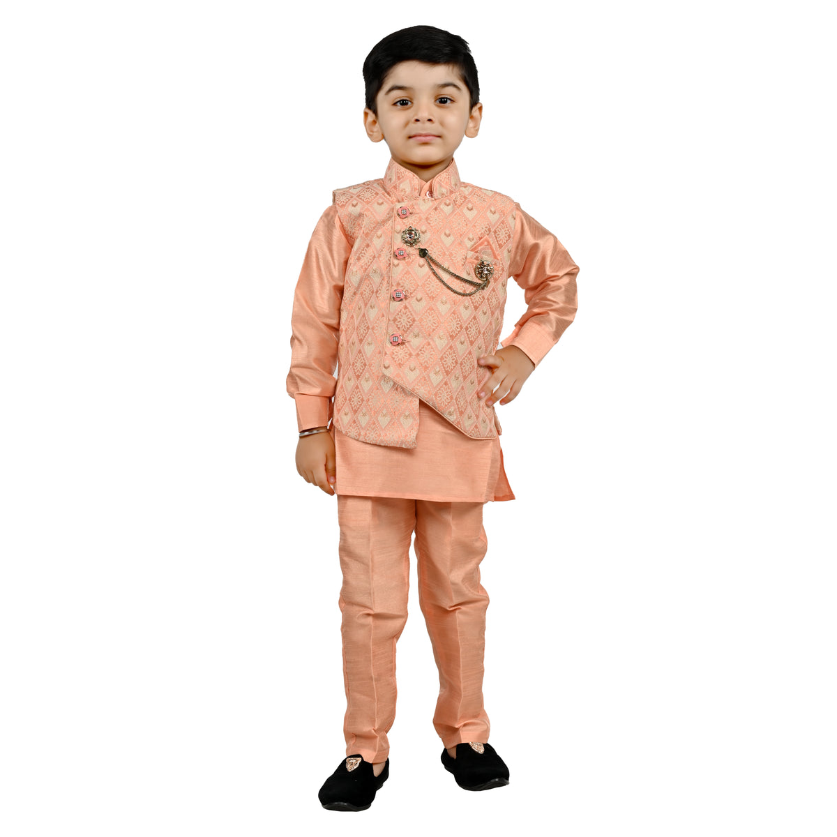Babyhug Brocade Woven Full Sleeves Kurta & Pajama Set Argyle Design - Peach