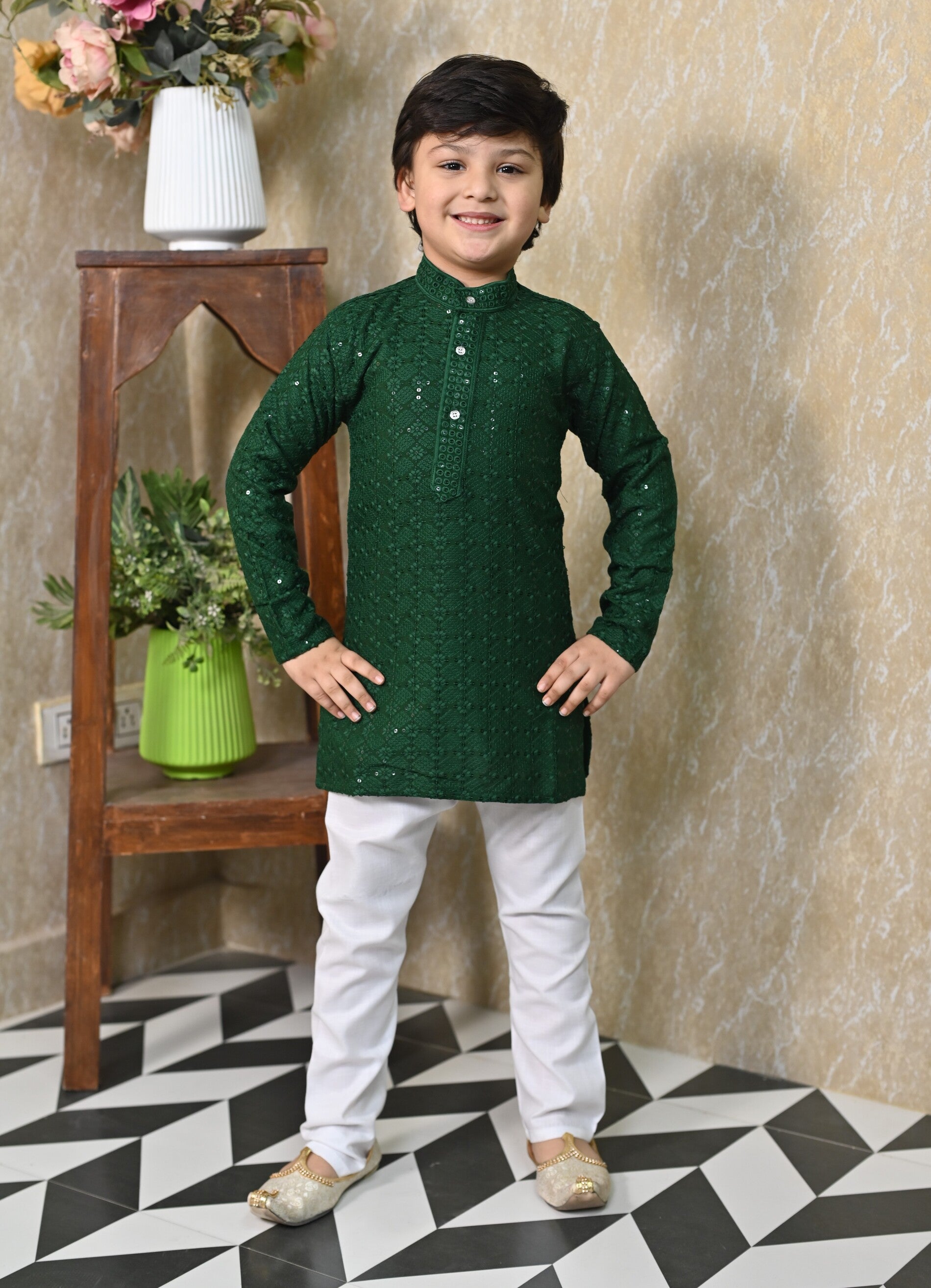 Boys Rayon Chikankari Embroidery Sequinned Kurta Pajama Set
